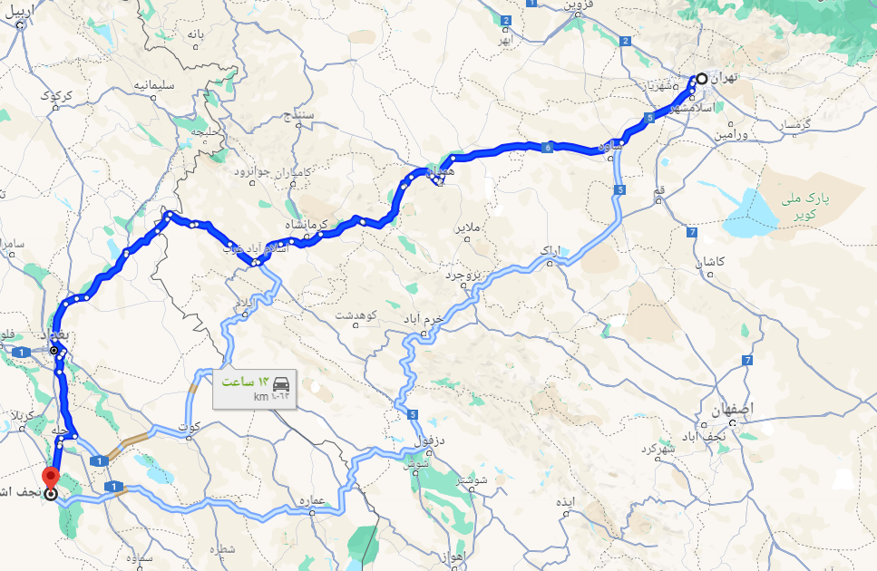 فاصله تهران تا نجف با ماشین شخصی و اتوبوس - زوم تراول